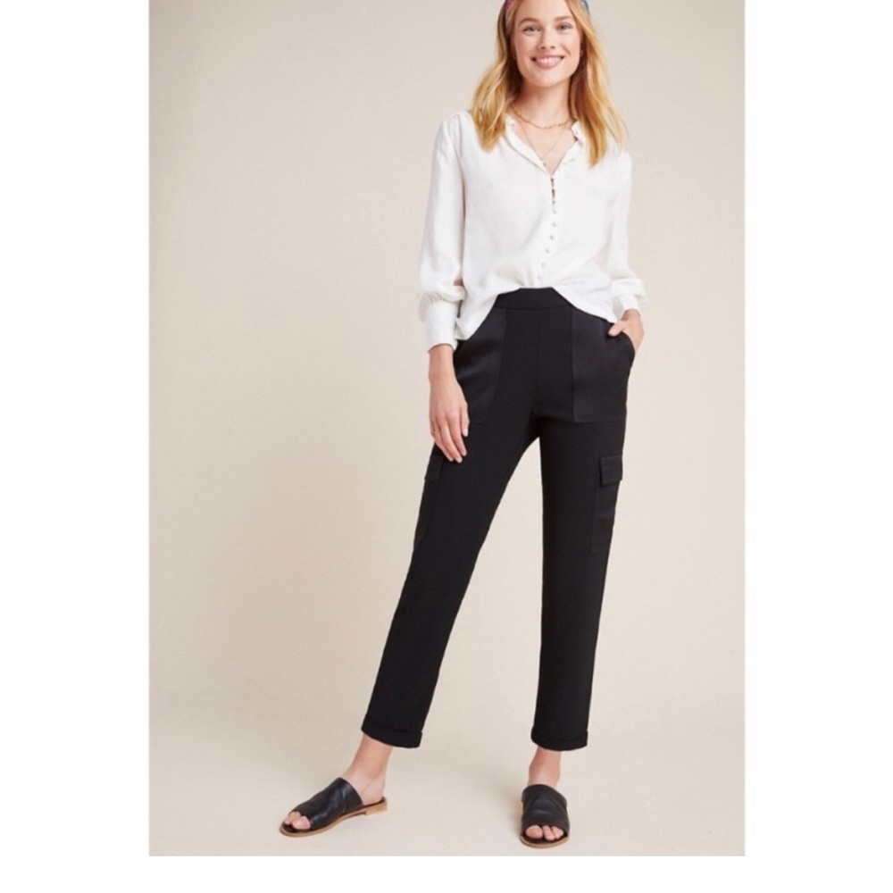 Anthropologie Maeve Delancey Satin Trimmed Cargo Jogger Pant Black Size Small